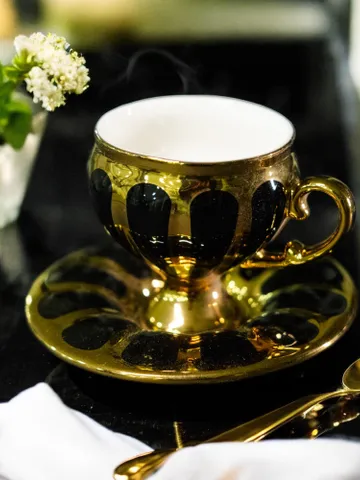 Black And Gold Colour Porcelain Tea Cups and Saucers | Tea Cups Saucers Set | Porcelain Set | Elegant Teaware | Gift For Tea Lovers $129.99