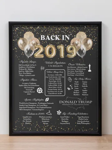 back in 2019 birthday gift girl or boy, 5th wedding anniversary poster with Australia, USA, Canada, Britain or Ireland facts, born in 2019 $7.00