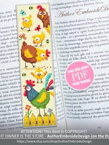Chicken bookmark cross stitch pattern PDF download Chicken cross stitch chart, Easter bookmark pattern digital, Rooster, Farm animals #B417 $4.40