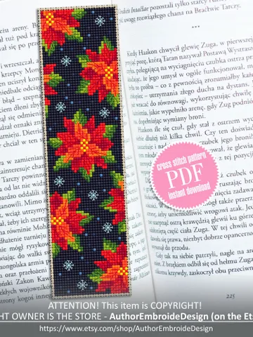 Christmas bookmark poinsettia cross stitch pattern PDF download Modern handmade bookmark digital PDF, Winter flower cross stitch chart #B227 $4.40