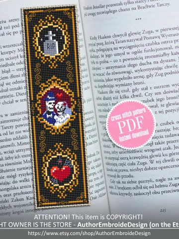 Gothic bookmark cross stitch pattern PDF download Gothic cross stitch chart, Goth wedding as Skeleton couple, Gothic heart #B131 $4.40