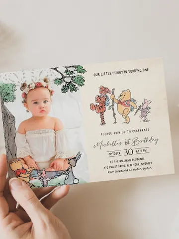 Winnie the Pooh Inspired First Birthday; Classic Winnie Pooh Invitations; Neutral Winnie Pooh Turning One; Winnie Pooh Birthday Party; wpg13 $12.78