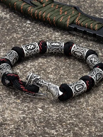 Handmade paracord and stainless steel bracelet with Viking runes $49.00