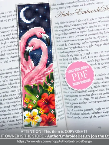 Flamingo bookmark cross stitch pattern PDF instant download Pink flamingo couple cross stitch chart, Bird bookmark pattern digital PDF #B442 $4.40
