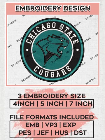 NCAA Chicago State Cougars Round Logo Embroidery, NCAA Chicago State Cougars Embroidery Design files, NCAA Teams, NCAA Machine embroidery designs, Digital Download