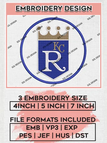 MLB Kansas City Royals Logo Machine Embroidery Files, MLB Kansas City Royals Team Embroidery, MLB Teams, 3 sizes, MLB Machine embroidery designs, Digital Download $6.99