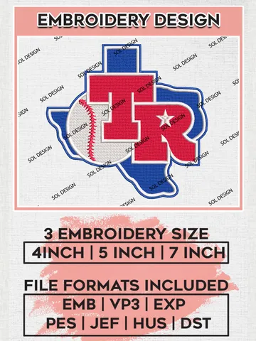 Texas Rangers Map Embroidery Design Files, MLB Texas Rangers Team Embroidery, MLB Teams, 3 sizes, MLB Machine embroidery designs, Digital Download $6.99