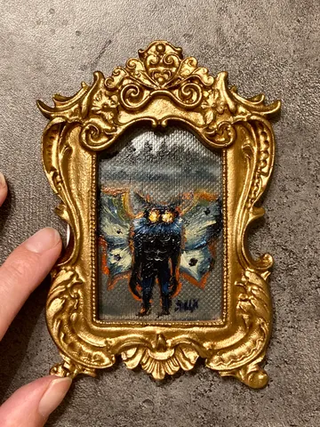 Mothman Painting Small Original Framed Art Cryptid Gifts Mini Gold Framed Decor, Fairy Creatures Art, Tiny Art Whimsigoth Decor $80.00