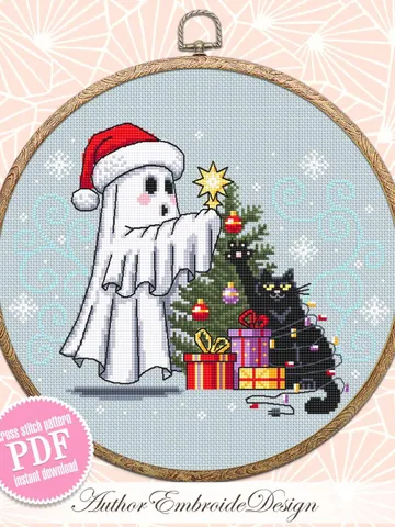 Christmas ghost with black cat cross stitch pattern PDF download Cute ghost cross stitch chart, Christmas pattern digital PDF #N147 $4.50