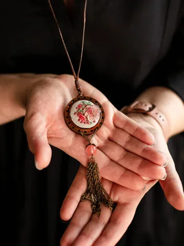 Rustic wooden long pendant necklace with tassel Pink floral boho jewelry