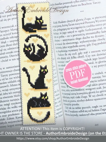 Cat bookmark cross stitch pattern download PDF Love cats cross stitch chart, Funny bookmark digital pattern PDF, Black cat embroidery #B320 $4.40