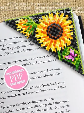 Corner bookmark sunflower cross stitch pattern PDF download Flower cross stitch chart, Floral bookmark corner, Sunflower pattern #B195 $4.10