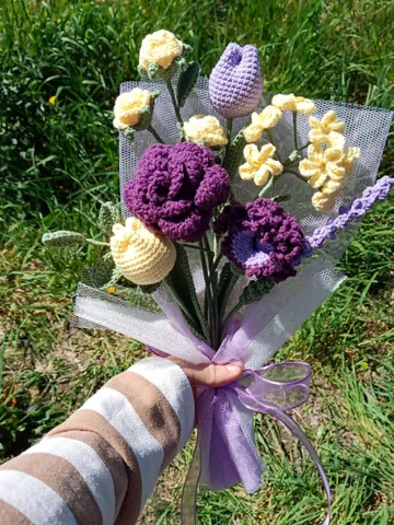 Dainty Handmade Crochet Flower Bouquet for Her, Crochet Daisy Anniversary Gift, Crochet Lavender Bouquet Rose, Thoughtful Mother's Day Gift $68.80