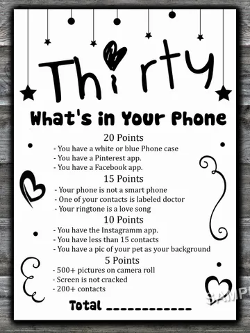Thirty Birthday What's in Your Phone Birthday Party Game,Adult Birthday party game-fun games for her-Instant download $1.75