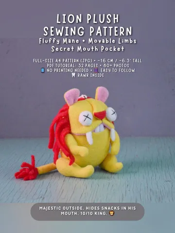 PDF Plush Toy Pattern – Fleece Lion with Movable Limbs $10.00