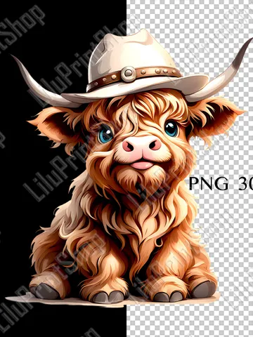 Western Highland cow png for sublimation Baby animal overlay, Cute cowboy Highland cow clipart for party invite, digital instant download $2.71
