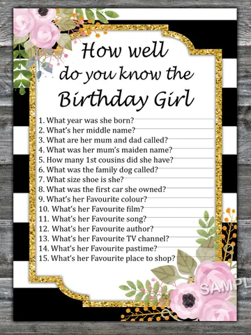 Black White Striped How well do you know the birthday girl,Adult Birthday party game-fun games for her-Instant download $1.75