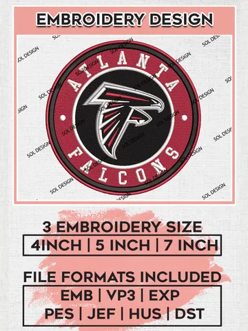 NFL Atlanta Falcons Circle Logo Embroidery Design Files, NFL Falcons, NFL Embroidery Designs, NFL TAtlanta Falcons Machine Embroidery Design, Digital Download