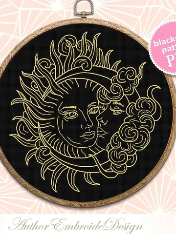 Sun and moon blackwork pattern PDF Moon magic blackwork embroidery download PDF, Mystical embroidery Backstitch chart, Moon cross stitch #W9 $4.35