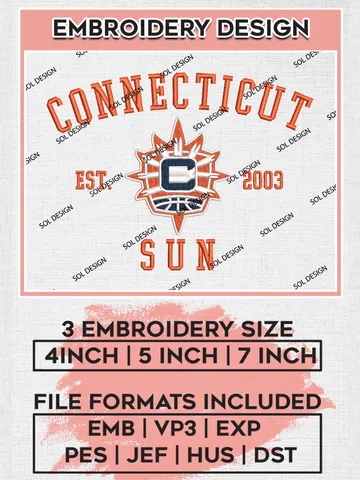 WNBA Connecticut Sun Est 2003 Embroidery Files, WNBA Connecticut Sun Team Embroidery Designs, Basketball Teams, 3 sizes, Machine embroidery designs, Digital Download $6.99