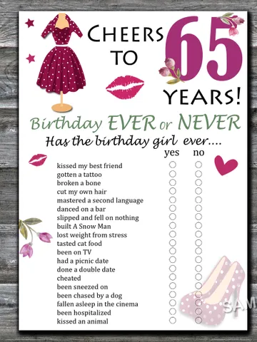 65th Birthday ever or never game,Adult Birthday party game-fun games for her-Instant download $1.75