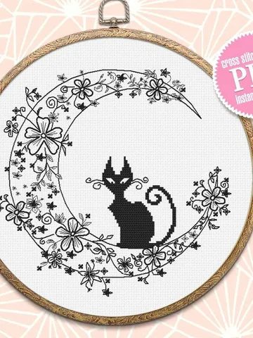 Cat blackwork pattern PDF Crescent moon Backstitch chart, Funny Black cat cross stitch, Flower moon blackwork embroidery download PDF #W4 $4.40