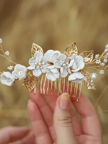 Gold Ivory Flowers Boho Wedding Hair Comb, Leaf Bridal Headband, Wedding Hair Accessories, Hair Pins, Bridal Jewelry Set, Bridesmaid gift $72.00