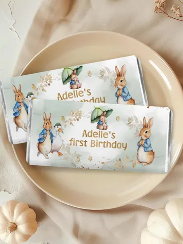 Editable Chocolate Bar wrap Label template for 1st Baby Birthday party in Peter Rabbit style instant download and unlimited access pr888 $10.45