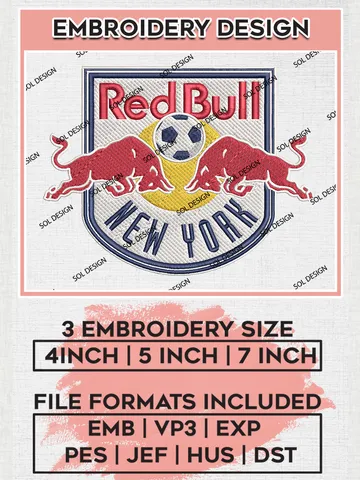 New York Red Bulls Embroidery Designs, MLS Embroidery files, New York Red Bullsl MLS Teams, Football, Digital Download