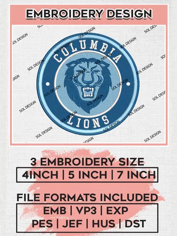 NCAA Columbia Lions Round Logo Embroidery, NCAA Columbia Lions Embroidery Design files, NCAA Teams, NCAA Machine embroidery designs, Digital Download