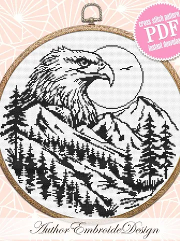 Bald eagle cross stitch pattern PDF download Mountain landscape cross stitch chart, Monochrome nature pattern digital, Beginner stitch #L83 $4.40