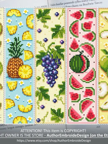 Bookmark set cross stitch pattern download PDF Handmade bookmark pattern digital PDF, Tropical fruit cross stitch Pineapple, Grapevine #B147 $17.45