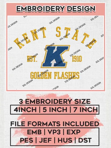 Kent State Golden Flashes Est 1910 Logo Embroidery Designs, NCAA Kent State Golden Flashes Team Embroidery, NCAA Team Logo, 3 sizes, Machine embroidery Files, Digital Download $6.99
