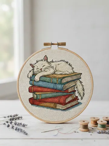Sleeping Cat on Books Cross Stitch Pattern PDF $9.99