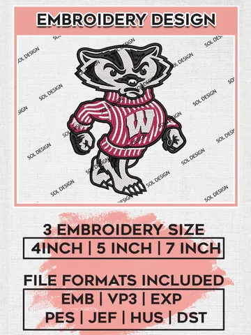 NCAA Wisconsin Badgers Team Mascot Logo Machine Embroidery Design, NCAA Wisconsin Badgers Team Design Design files, NCAA Team Embroidery Designs, NCAA Machine Embroidery Designs, Digital Download $6.99