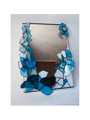 Stained glass mirror, Tiffany art mirror, petal mirror decor, handmade glass mirror, floral art mirror, botanical wall mirror, artisan stained glass decor, blue purple glass mirror, decorative wall accent, Tiffany-inspired home decor, nature-inspired hand $152.95