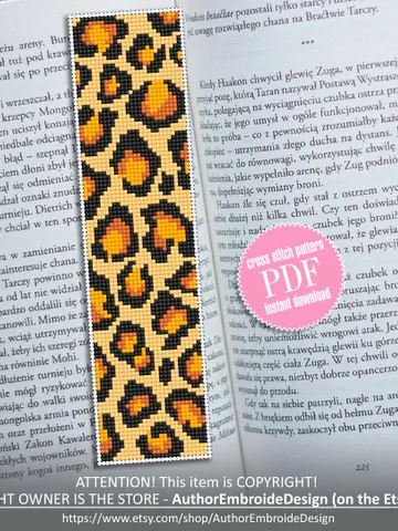 Bookmark cross stitch digital pattern PDF Handmade bookmark animal print xstitch chart Full coverage leopard print cross stitch pattern #B35 $4.40