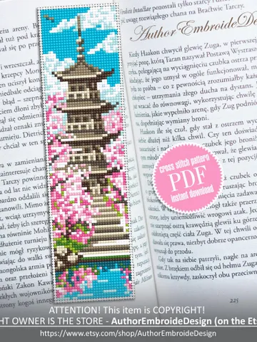 Spring bookmark cross stitch pattern PDF download Japanese pagoda cross stitch chart for beginner, Sakura bookmark pattern digital PDF #B470 $4.40