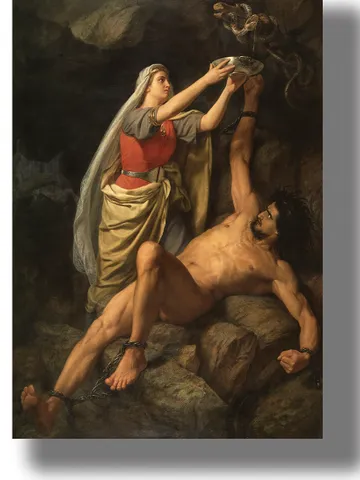 Execution of Loki. Sigyn holds a cup over her husband, collecting drops of snake venom. $21.00