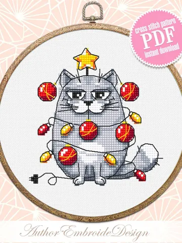 Funny Christmas cat cross stitch pattern PDF download, Small Christmas cross stitch chart, Christmas Lights Cat pattern digital PDF #N139 $4.10