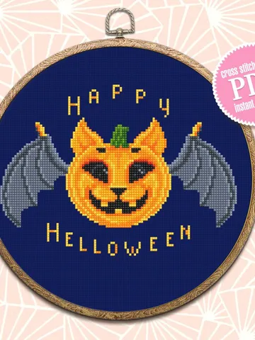 Happy Halloween cross stitch pattern download PDF Kawaii Halloween cat cross stitch Halloween quotes xstitch Cute Halloween embroidery #H4 $4.20