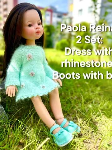 Paola Reina Doll 2 ITEMS Set: Exclusive Handmade Outfit - Dress with rhinestones, boots with bow - ooak outfit $58.39