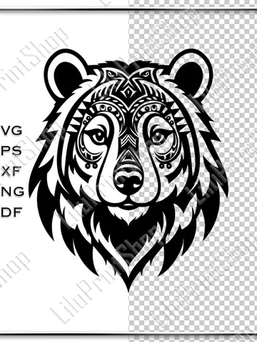 Grizzly head laser cut svg Tattoo Tribal bear cut file for Cricut Silhouette, cnc, png, eps, dxf, pdf. Instant download $2.71