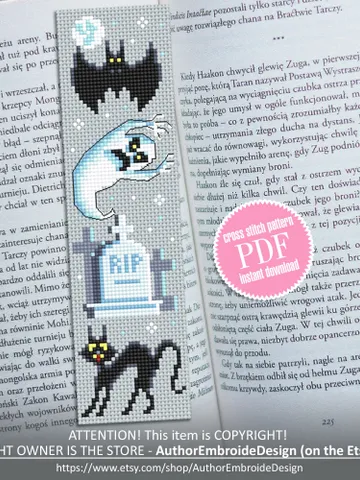 Halloween bookmark cross stitch pattern PDF download Ghost cross stitch chart, Handmade bookmark pattern digital, Black cat embroidery #B219 $4.40