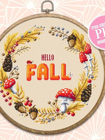 Hello fall wreath cross stitch pattern download PDF, Magic amanita mushroom cross stitch, Autumn wreath embroidery PDF, Fall home decor #Q50 $4.60