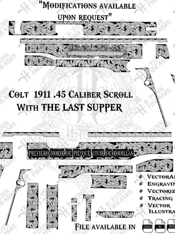 Colt 1911 .45 Caliber Scroll Engraving | Last Supper & Spanish Quote Design | Laser Svg PNG EPS AI | Full Slide Vector