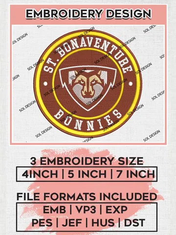 NCAA St. Bonaventure Bonnies Round Logo Embroidery, NCAA St Bonaventure Bonnies Logo Embroidery files, NCAA Teams, Machine embroidery designs, Digital Download $6.99