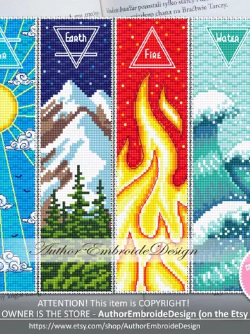 Four elements bookmark set cross stitch pattern PDF download Nature cross stitch chart, Bookmark pattern digital Air Earth Water Fire #B329 $9.50