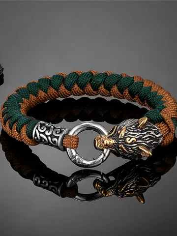 Stainless Steel Wolf Head Nordic Handmade Paracord Bracelet $49.00