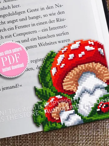 Mushroom Corner bookmark cross stitch pattern PDF download Amanita mushroom cross stitch chart, Mushroom bookmark pattern digital PDF #B399 $4.10